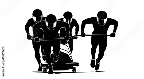 Silhouette of four bobsled team members pushing start sled powerfully down icy track before gaining speed for thrilling winter competition event