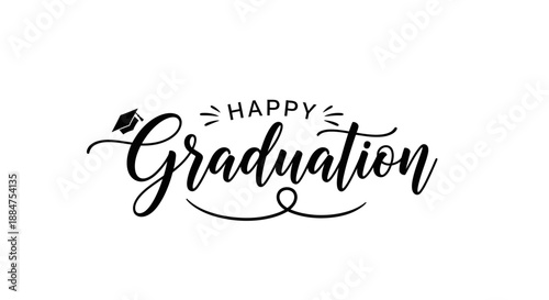 Happy Graduation Calligraphy Text with Cap Icon on Isolated White Background