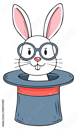 Cute cartoon bunny rabbit wearing blue eyeglasses peeking from a gray magic top hat illustration