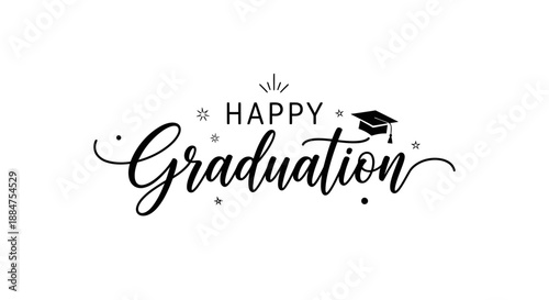 Happy Graduation elegant black script text with a festive graduation cap and subtle star accents, celebratory achievement design on an isolated white background.