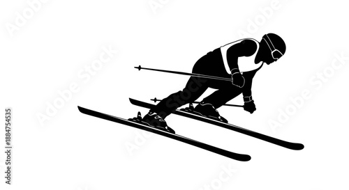 Alpine skier racing downhill on snowy slope, dynamic pose, black silhouette against white background, winter sport action, professional athlete, speed and motion