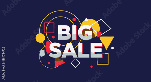 Modern Big Sale promotion banner with geometric abstract shapes on dark blue background, offering discount.