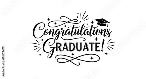 Proud Congratulations Graduate Text with Graduation Cap and Confetti on Isolated White Background
