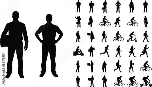 People silhouette icons set, male human figures in various activities including walking, cycling, working and running, black vector silhouettes collection isolated on white background