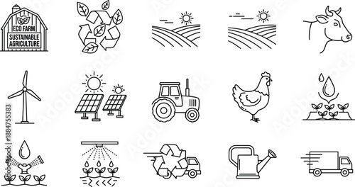 Sustainable agriculture and eco farming line icons set, renewable energy, recycling, irrigation, livestock and organic food symbols, outline vector collection isolated on white background