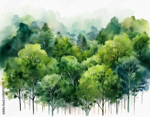 forest canopy rendered in vibrant watercolor aerial view capturing verdant green landscape against white background
