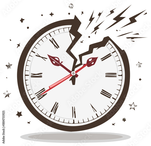 Shattered time shows crack in the clock face with red hands indicates deadline. Deadline concept, loss, failure, missed opportunity or urgency