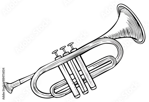 Illustration of a brass trumpet musical instrument in black and white