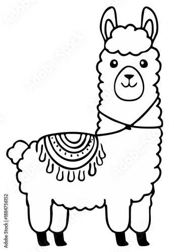 Cute Llama Illustration with Decorative Blanket and Harness