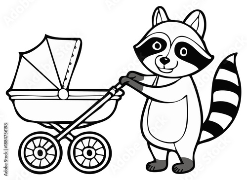 Smiling Raccoon Pushing Baby Stroller Black and White Line Art Illustration