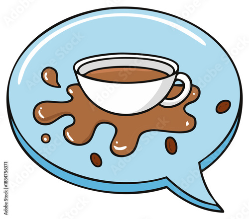 Cartoon Coffee Spill Illustration on a Speech Bubble with Coffee Beans