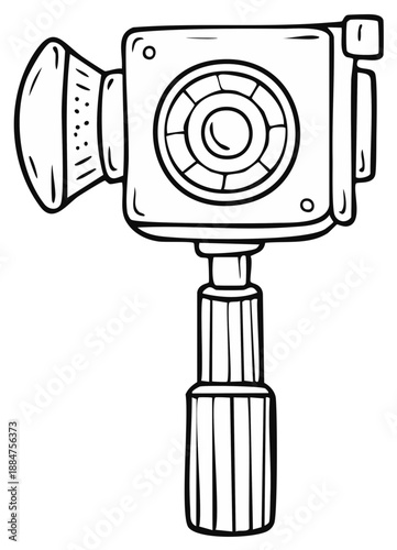 Black and White Cartoon of Vintage Video Camera on Extendable Monopod for Filming and Photography