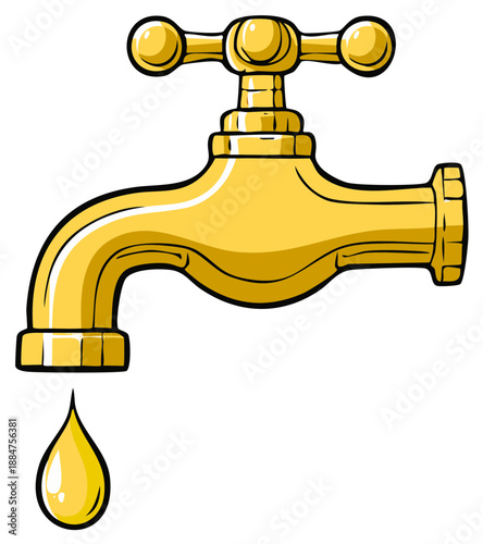Dripping shiny golden faucet with a falling drop cartoon style illustration