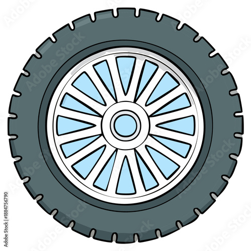 Cartoon vector illustration of an automobile wheel with tire and modern alloy rim