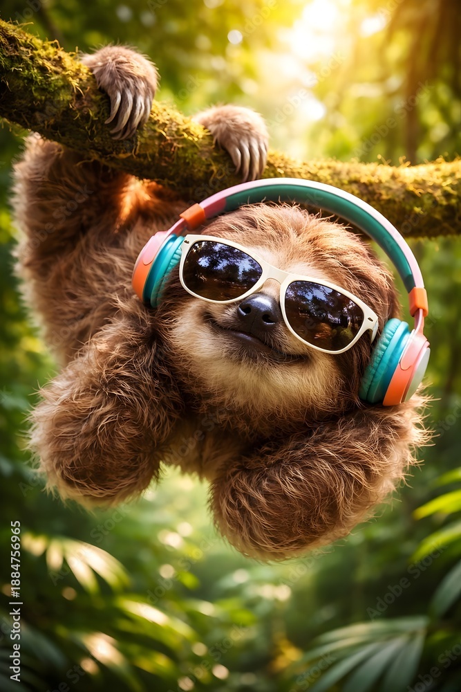 Naklejka premium Adorable happy sloth wearing trendy sunglasses and colorful headphones hanging from a mossy jungle branch