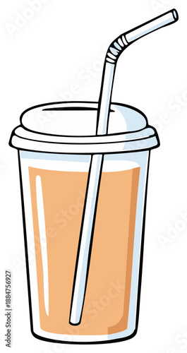 Hand drawn illustration of a clear plastic cup filled with orange juice and a bent straw