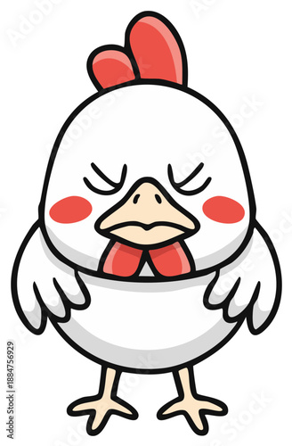 Sad Cartoon Chicken with Droopy Eyes Standing Still, Animated Poultry, White Bird with Red Comb and Wattle