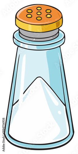 Cartoon Style Salt Shaker with Orange Lid and White Granules Inside Isolated
