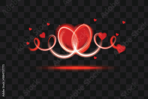 Red glowing heart light trail with sparkling wave isolated on transparent background.	

