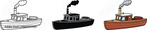 Collection of small steamship illustrations: outline, silhouette, and colorful cartoon design isolated on white background, Vector
