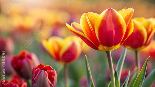 A vibrant field of colorful tulips swaying gently in the warm sunlight on a beautiful day