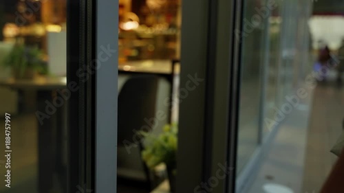 Close-up of glass storefront door handles as a hand reaches to open the entrance, revealing a warmly lit cafe interior with pastries, seating, reflections, and retail ambiance