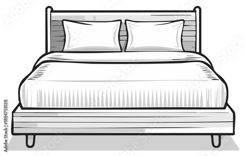 Simple illustration of a bed with white linens and two pillows against a striped headboard