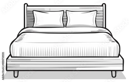 Fototapeta na wymiar Simple illustration of a bed with white linens and two pillows against a striped headboard