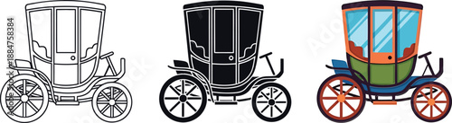 Vintage carriage illustration set with outline, solid black, and vibrant colored designs isolated on white background, Vector