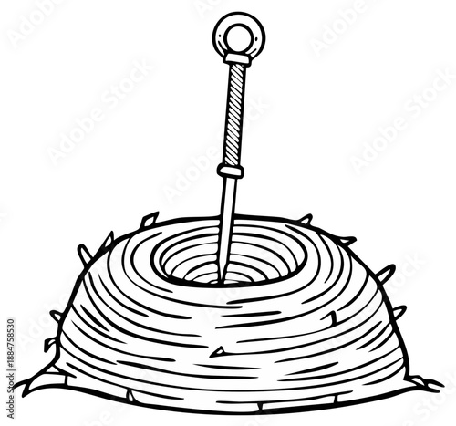 Stylized illustration of a needle piercing a rough, textured surface, representing a piercing action or a sharp point