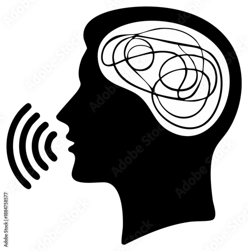 Silhouette of a man's head with chaotic thought lines inside and sound waves emanating from the mouth symbolizing communication or expression