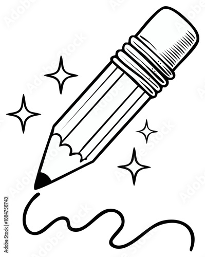 Creative pencil illustration with sparkling stars and a flowing line