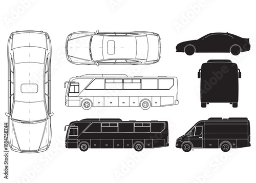 CAD Vehicle Vector Set | Car, Bus, Minibus, Truck Top View and Elevation for Architectural Floor Plans