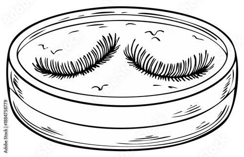 Pair of false eyelashes in a round box, contour drawing of cosmetics, beauty enhancement, vector illustration