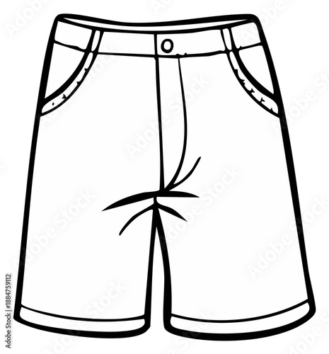 Simple black and white line art illustration of casual shorts. Hand drawn outline icon for coloring book or apparel design.