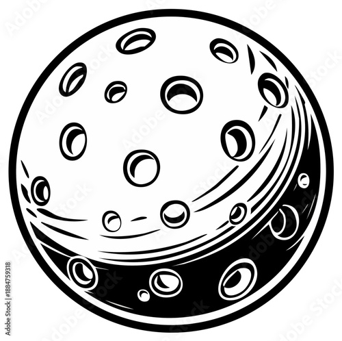 Black and white illustration of the moon with crater detail against a circular backdrop.