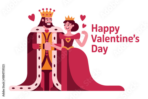 A cartoon king and queen celebrating Happy Valentine's Day with hearts and royal attire