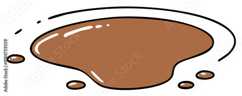 Brown Liquid Spill with Droplets and Motion Lines, Cartoon Style Vector Art