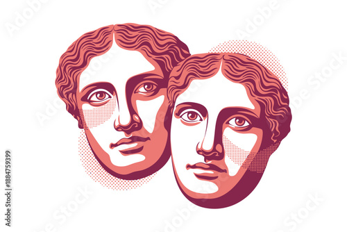 An illustration of two classical male busts with red and white color scheme