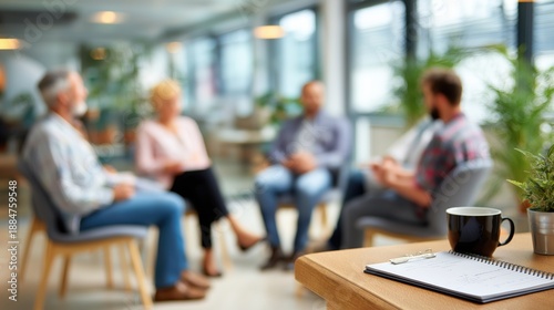 A diverse group of people in a therapy session. Selective focus on a notebook during a support group meeting for mental health and addiction recovery