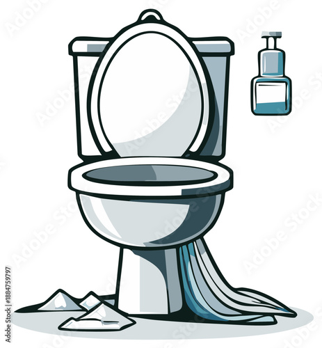 Toilet seat with tissue paper mess, sanitation, hygiene, bathroom cleanliness concern