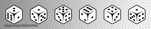 Dice icon set. Black and white color. Dices icons. Casino, poker, gambling, board games concept. Playing dice sign, symbol. Flat design. Vector illustration. isolated on a png transparent background.