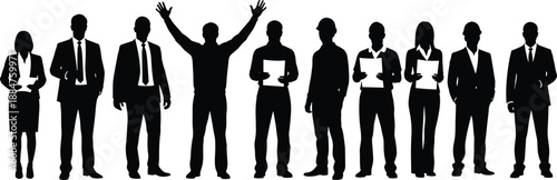 Business people silhouettes set, professional team standing in various poses, corporate workers holding documents, office staff group, black vector silhouettes isolated on white background