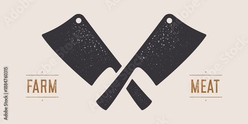 Butcher Knife. Butchery symbol, icon logo, sign signage. Silhouette two butcher knives. Cleaver Knife. Template sign knife, shop market, butchery design, tag label, banner sticker. Vector Illustration