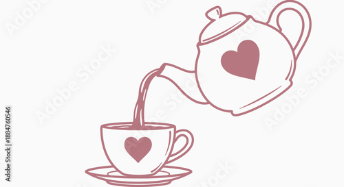 Heartwarming tea moment with pouring teapot and cup on saucer symbolizing love and care in a simple elegant line art style