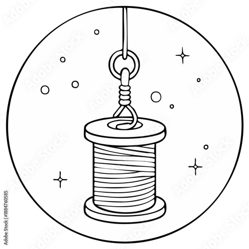 Sewing thread spool hanging inside a circle design with stars and dots around.