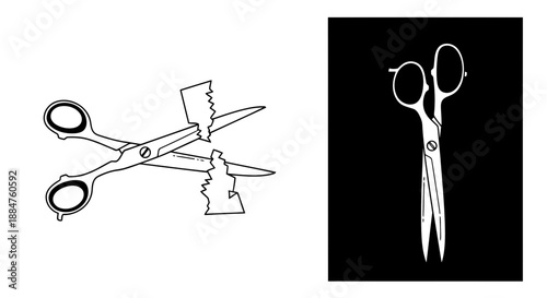 Barber scissors and straight razor on white background with black and white illustration