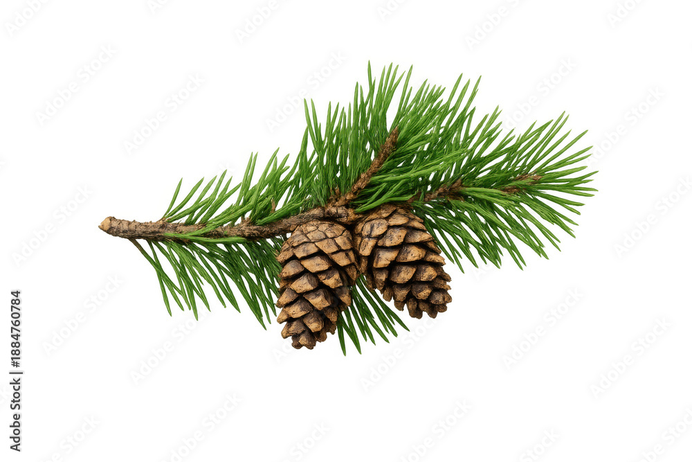 Fototapeta premium Pine branch with green needles and two brown cones, evergreen plant showing winter holiday decoration element