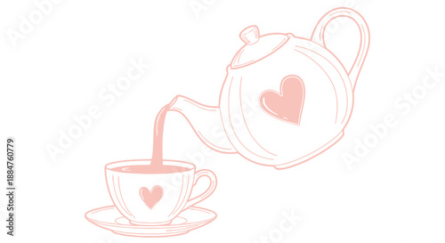 Pink heart teapot pouring tea into a matching cup on a saucer symbolizing love and affection in a simple elegant line drawing