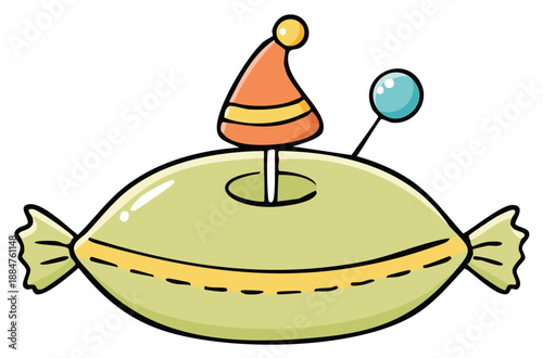 Cartoon pincushion with a pointed hat and a blue pin for sewing and crafts